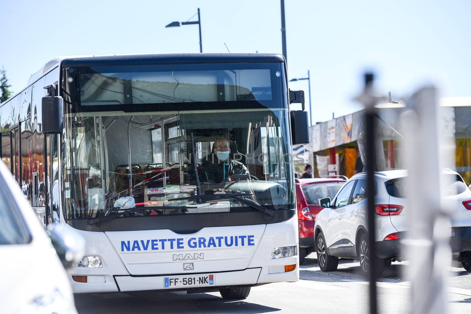 Free Bus  in summer on Les Angles ski resort city in Sunny day.  by martinscphoto