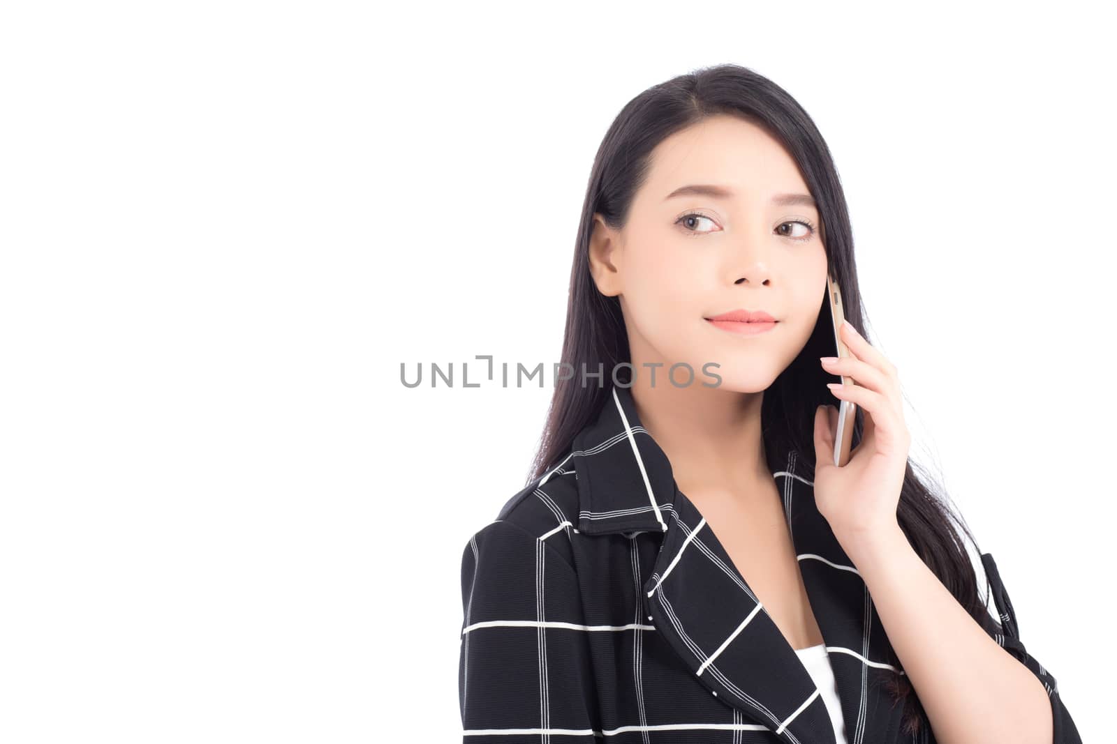 Beautiful of portrait asian young woman smile and happy talking calling with mobile phone isolated on white background, communication concept.