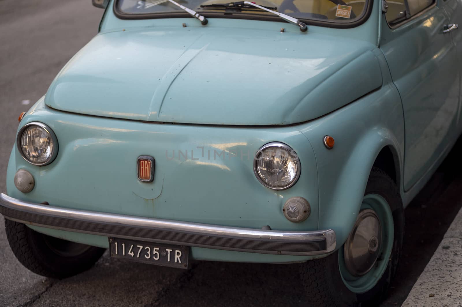 terni,italy november 11 2020:detail of a light blue fiat 500 fiat