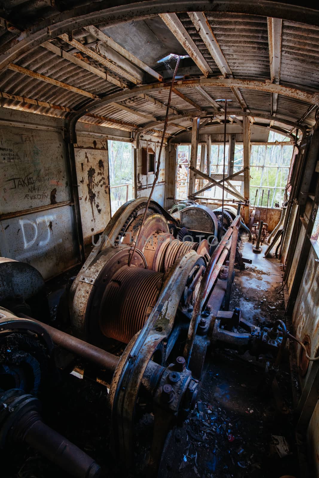 An old Dredge and Dragline which is an abandoned piece of gold mining equipment near Maldon in Victoria, Australia