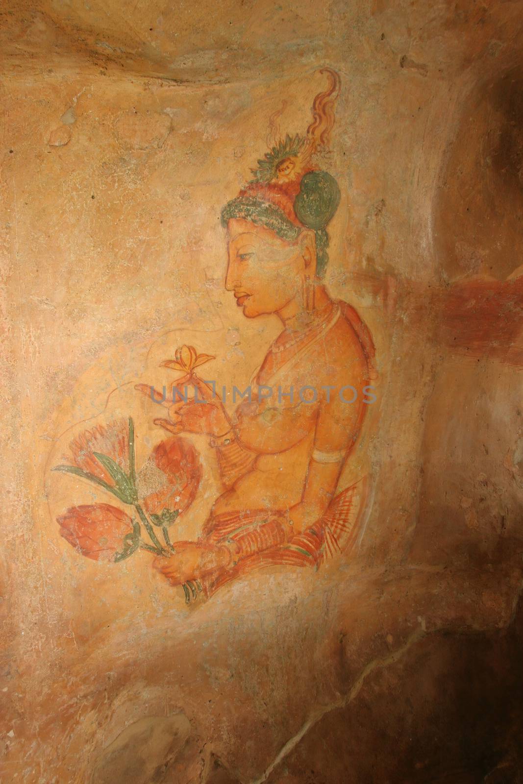 Sigiriya, Sri Lanka murals rock paintings Damsels or Cloud Maidens, 5th century frescoes, Sigiriya Lion Rock Fortress, 