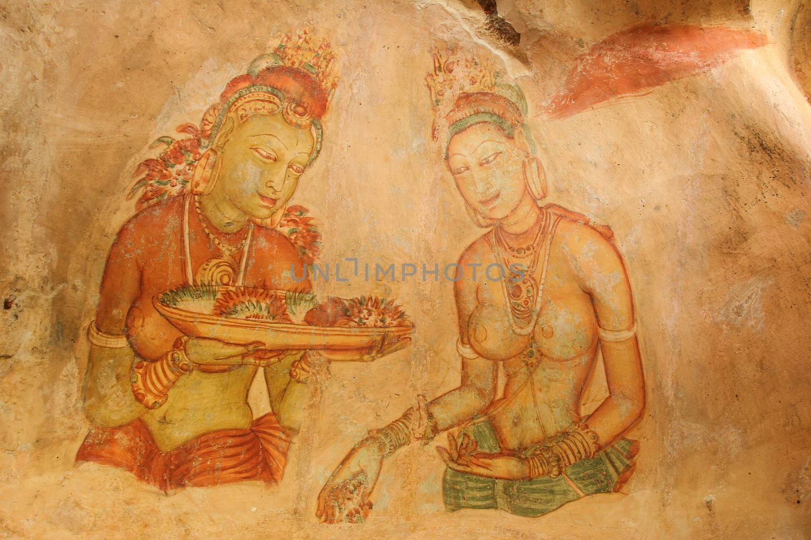 Sigiriya, Sri Lanka murals rock paintings Damsels or Cloud Maidens, 5th century frescoes, Sigiriya Lion Rock Fortress, 