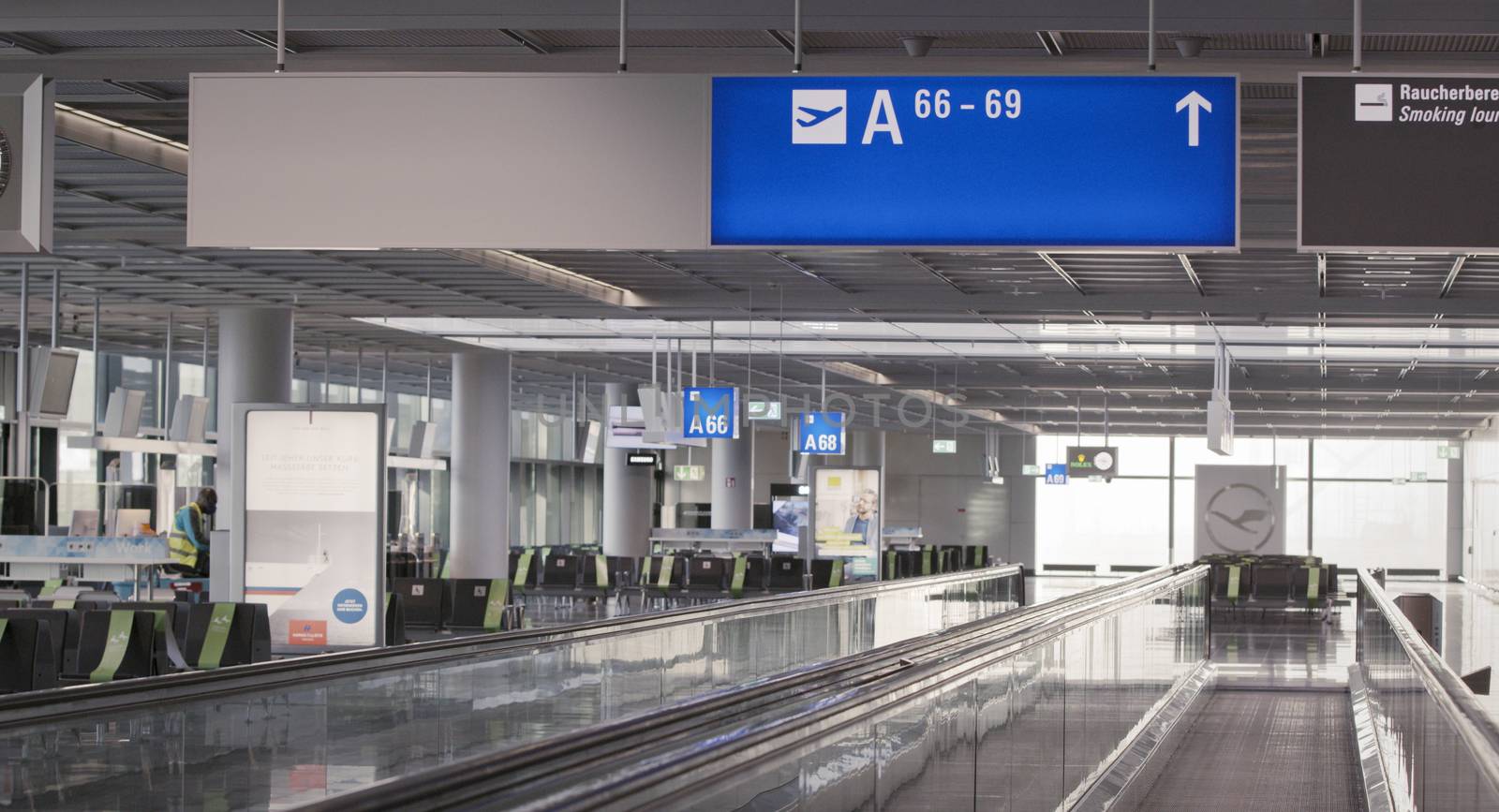 Frankfurt, Hesse/Germany - November 2nd 2020: Frankfurt airport almost empty compared to previous years. Only a few people travelling and a lot of closed gates.