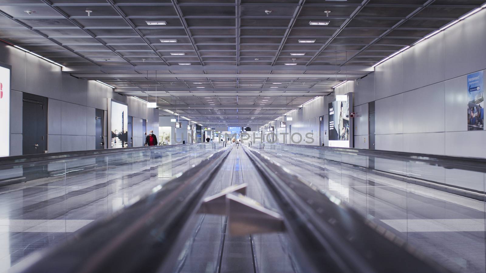 Frankfurt, Hesse/Germany - November 2nd 2020: Frankfurt am Main Airport almost empty compared to previous years. Endless corridors with only a few people around.