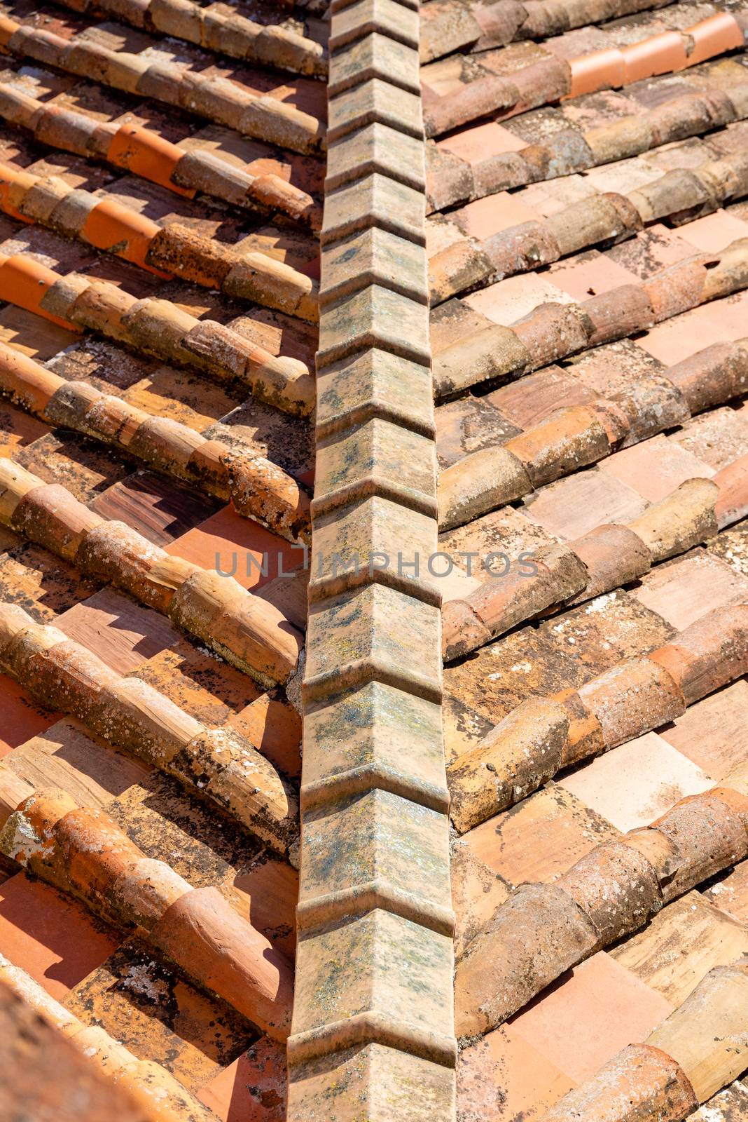 An old tiled roof photographed from above, where the tiles go diagonally upwards into a fish pattern. As background or texture.