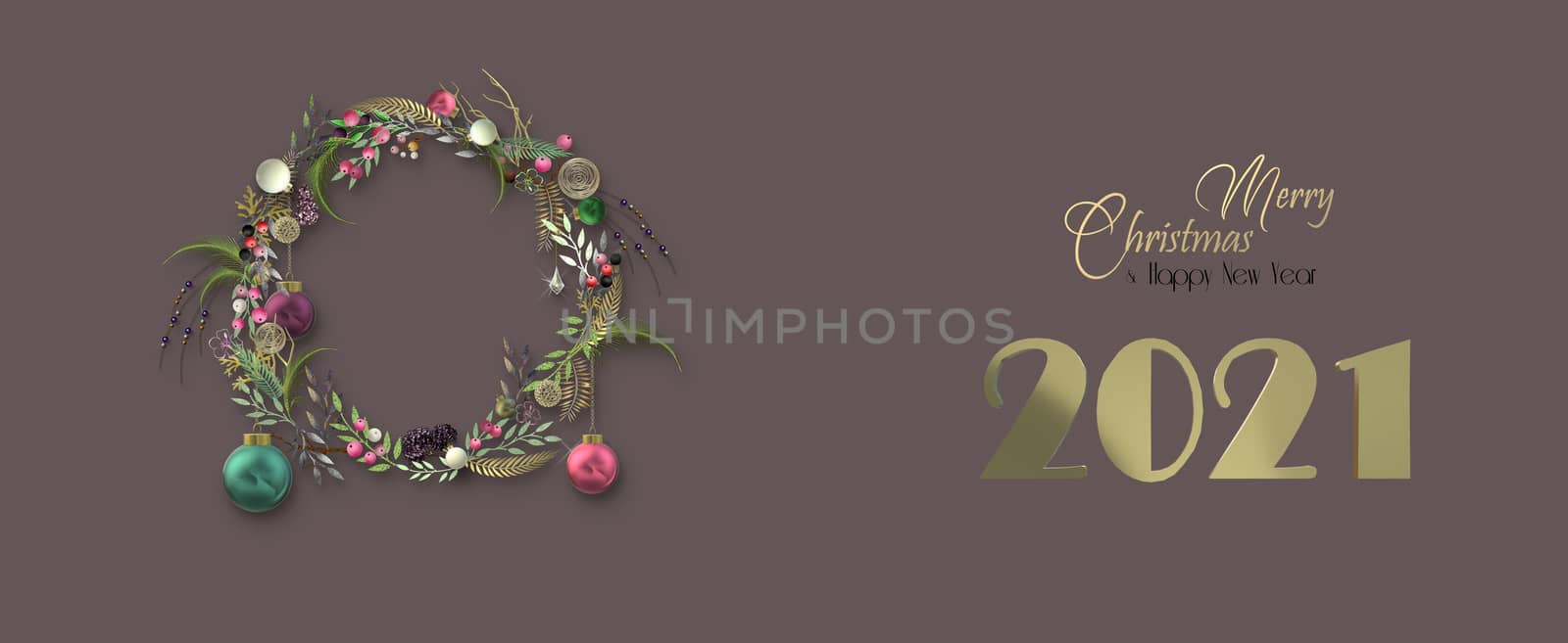 Christmas New Year 2021 background with 3D Xmas wreath, balls, digit 2021 on pastel brown background. Gold text Merry Christmas Happy New Year. Horizontal 3D illustration. Copy space, place for text