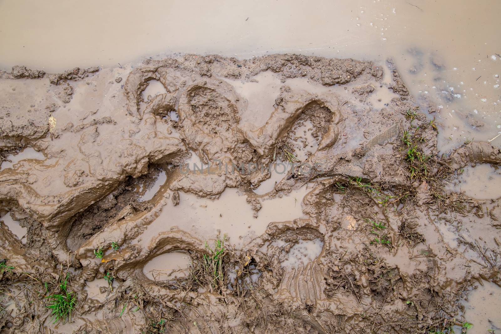 wet brown mud with fresh deep footprints at cloudy day, directly above view