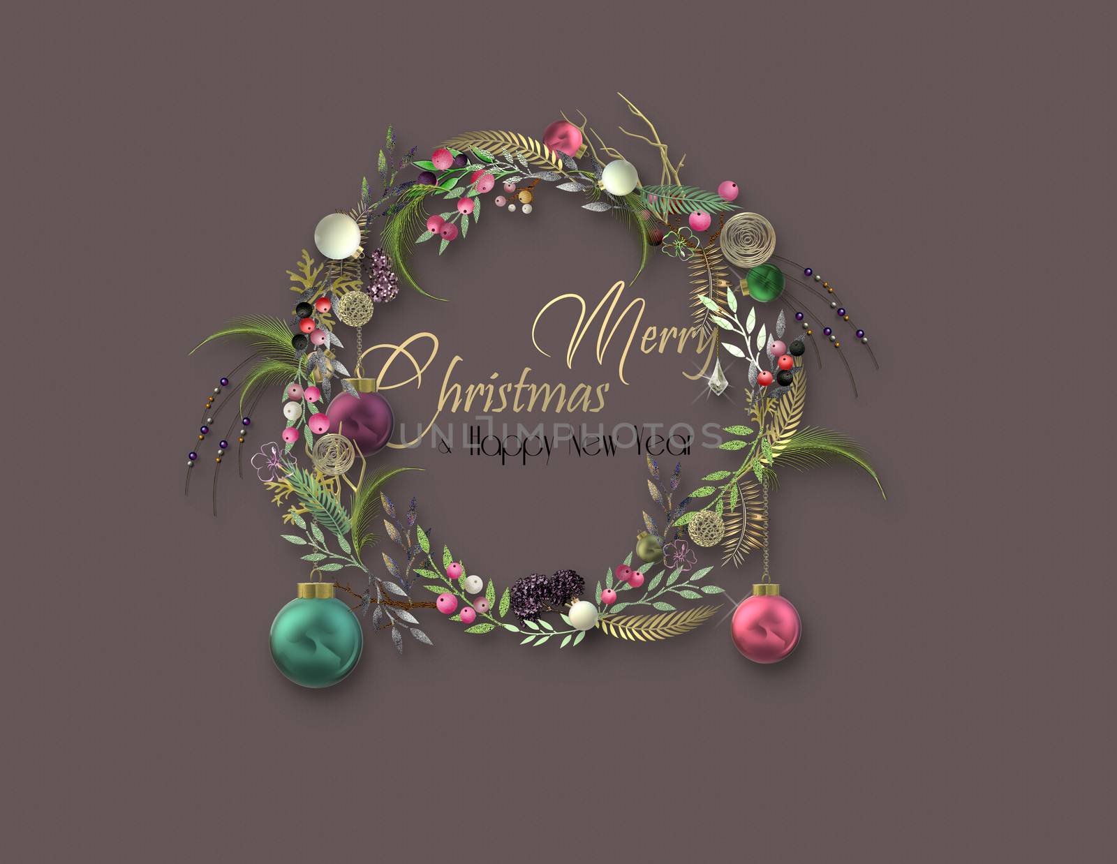 Holiday festive Christmas card with Xmas floral 3D wreath, Xmas balls baubles, gold text Merry Christmas Happy New Year on brown dark background. 3D illustration