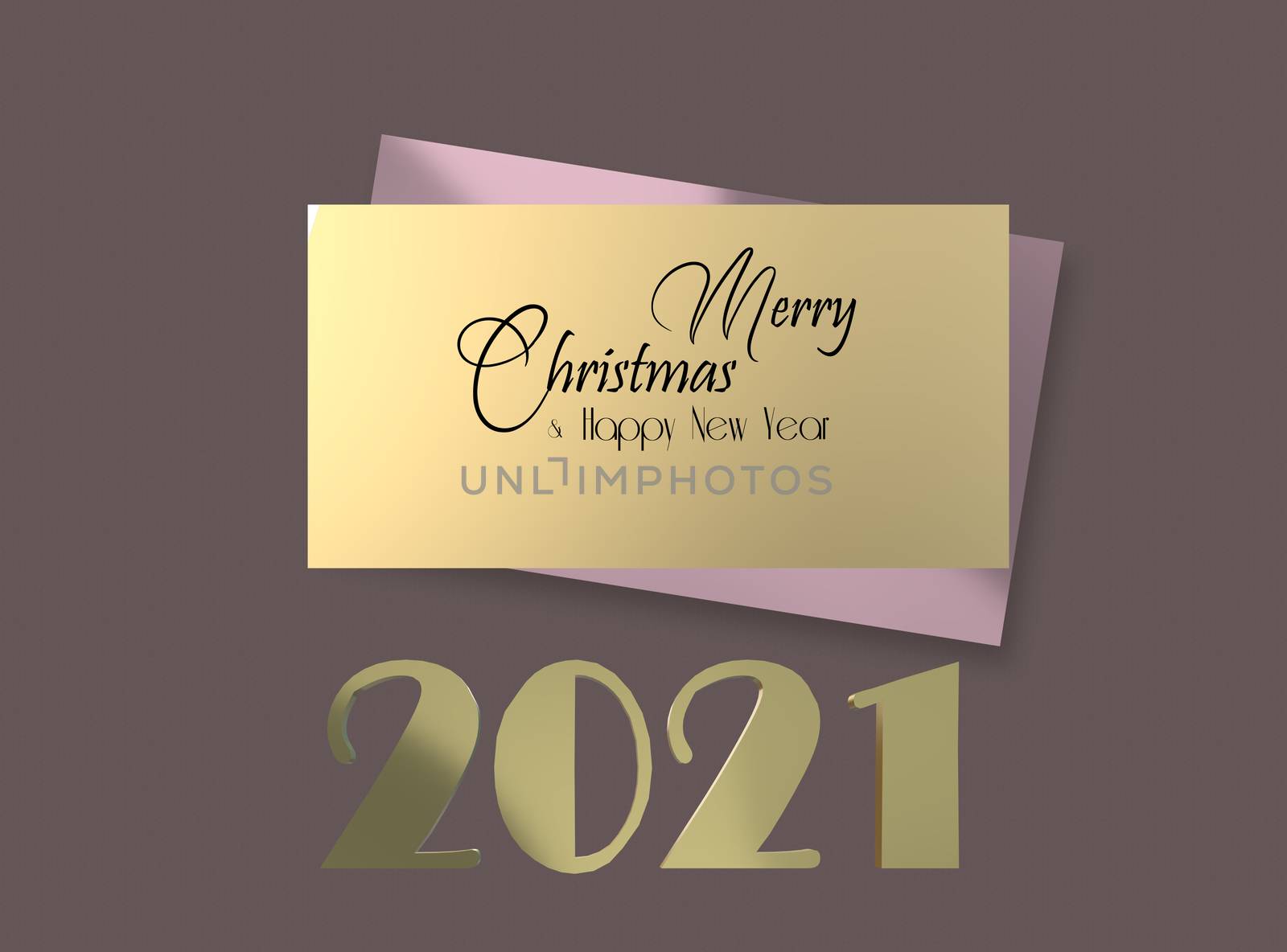 Abstract New Year 2021 greeting card with gold Xmas gift tag with text Merry Christmas Happy New Year, golden digit 2021 on pastel brown background. 3D render