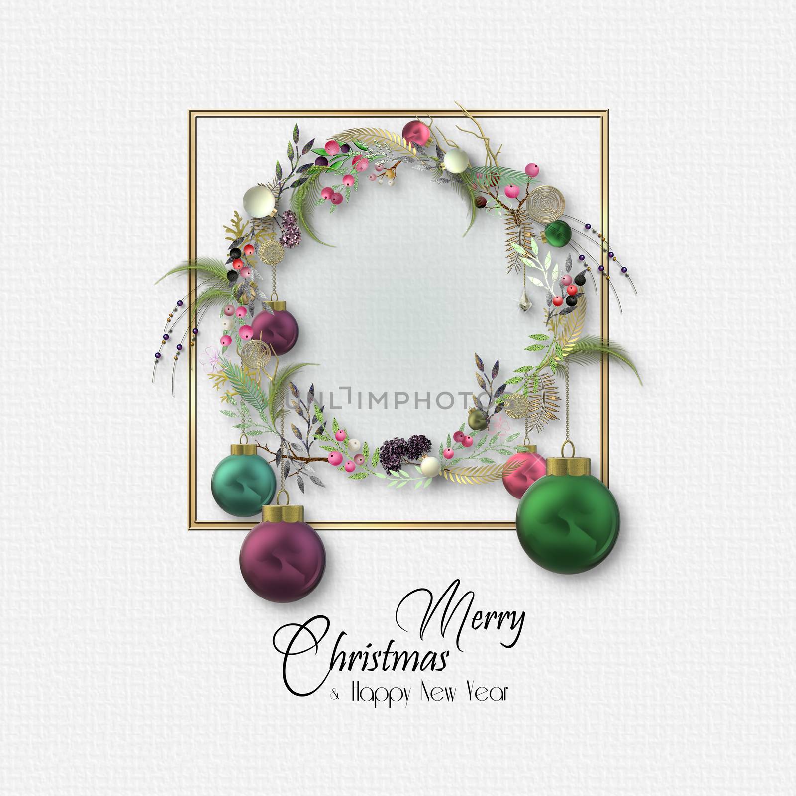 Christmas elegant wreath on white with 3D balls baubles, golden leaves on white background. Text Merry Christmas Happy New Year. 3D render. Holiday festive design