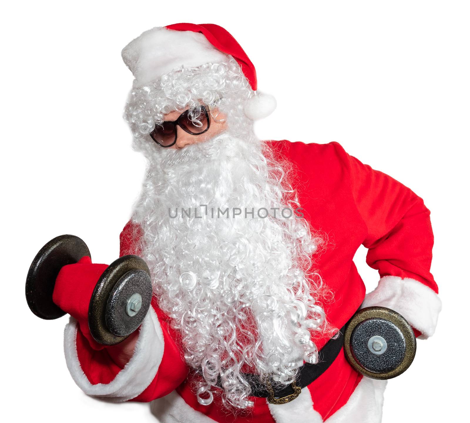 Santa Claus working out with two dumbbells and doing bicep curls. Santa wearing sunglasses and a long white beard. Isolated on white background.