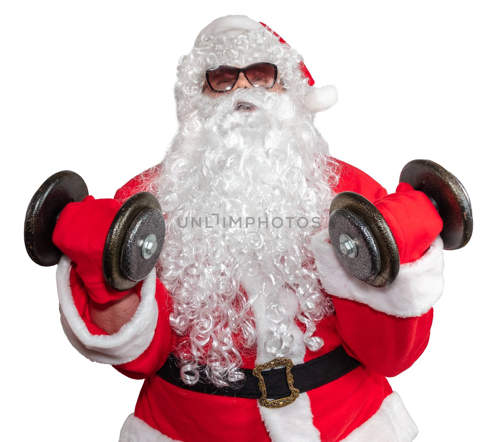 Santa Claus working out with two dumbbells and doing bicep curls. Santa is pushing it really hard. Santa wearing sunglasses and a long white beard. Isolated on white background.