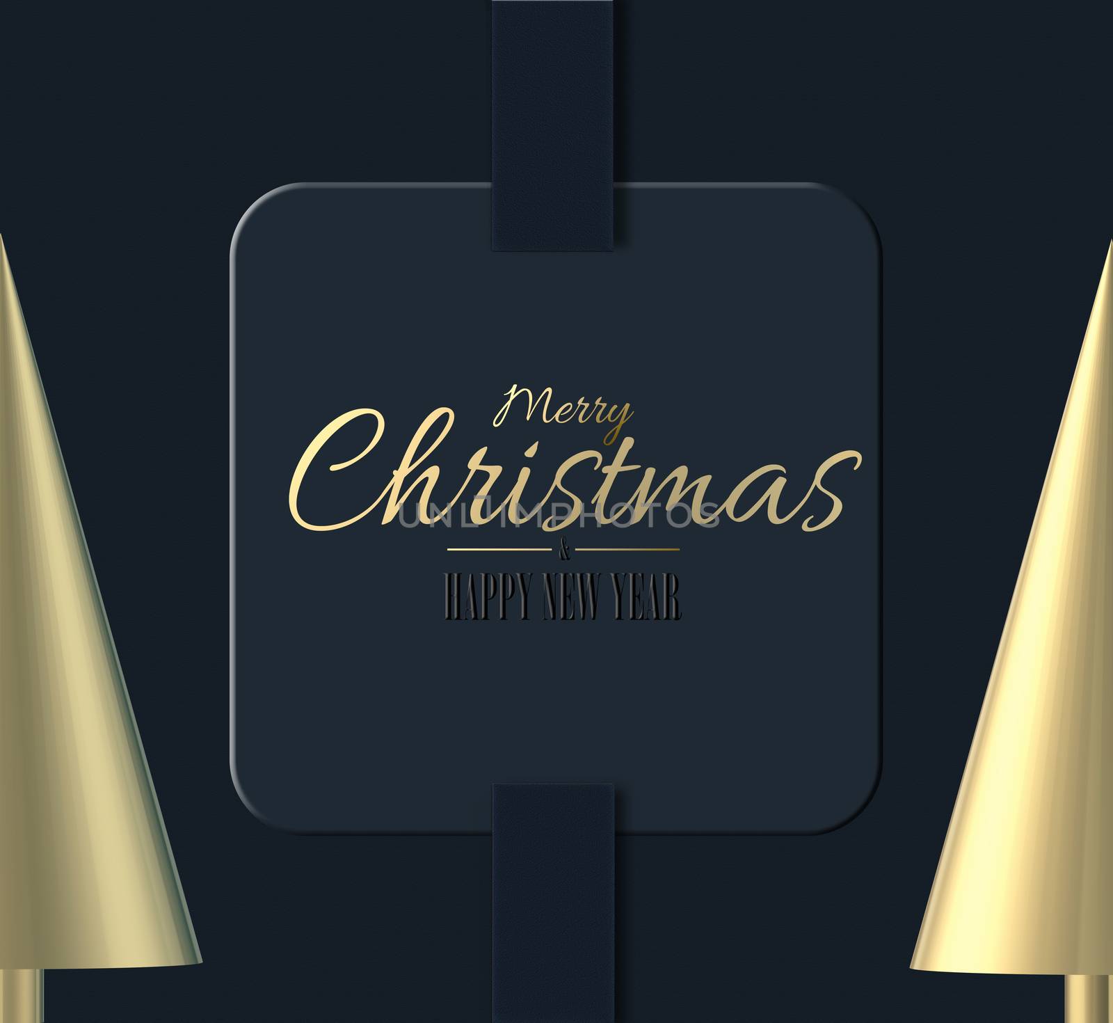Minimalist abstract Christmas card in gold and black. Text Merry Christmas Happy New Year on Xmas gift tag, Xmas symbol gold abstract Xmas tree on blue black background . 3D render