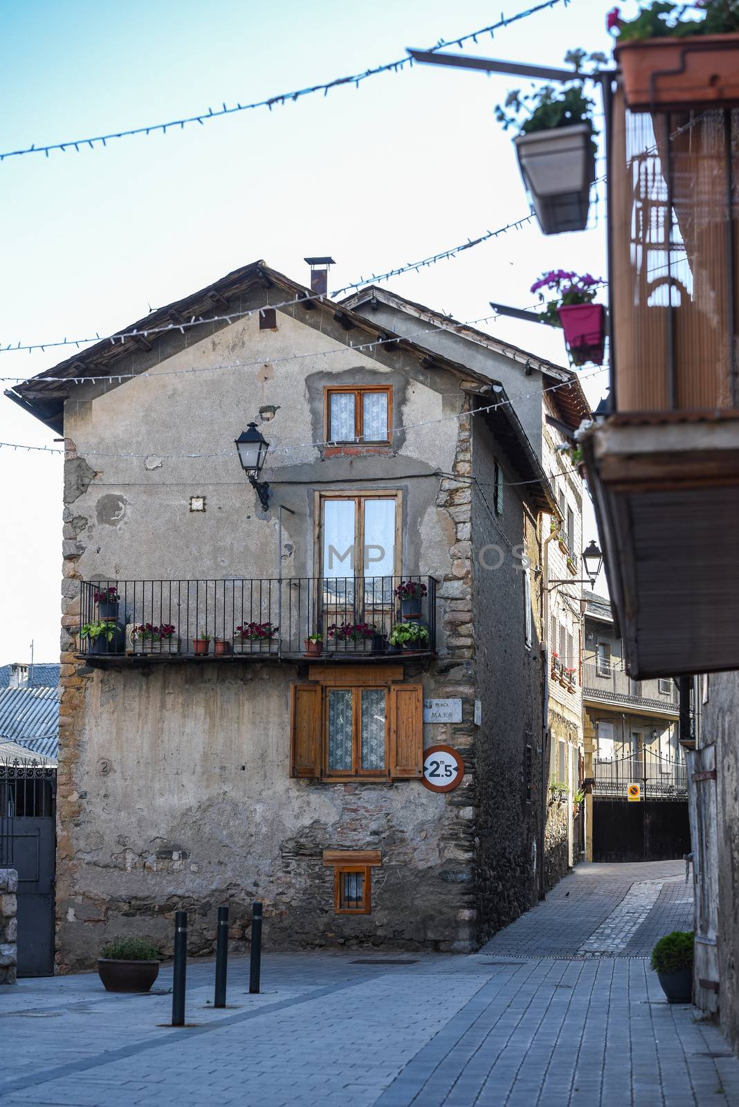 Alp, Spain : 2020 19 July : Major Street behind the Church of Parròquia de Sant Pere in Summer. Alp, Spain  on July 2020.