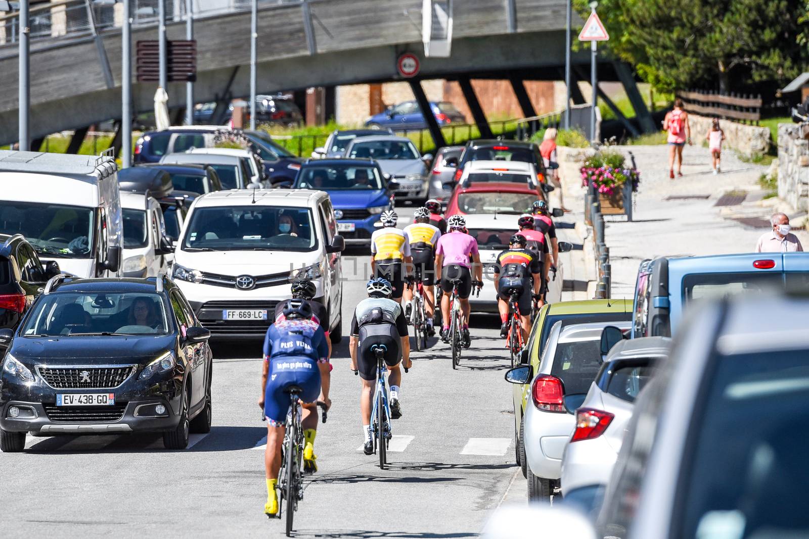 Les Anglres, France : 2020 19 July : Cyclists in Amateur Race La Cerdanya Cycle Tour 2020 in Les Angles, France.