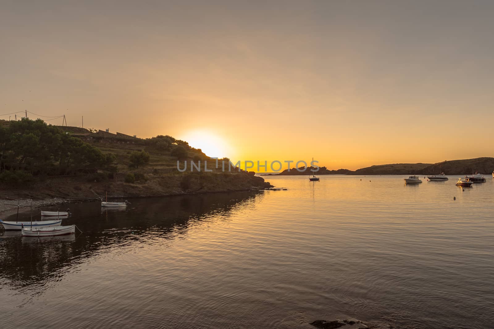 Sunset in Port Lligat in Cala Salvador Dali, painter, sculptor, printmaker. . House Museum. In Port Lligat 8 July 2020.