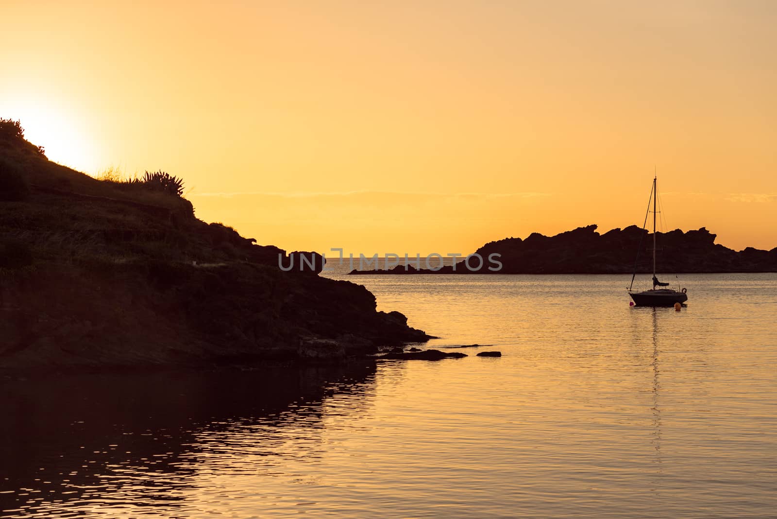 Sunset in Port Lligat in Cala Salvador Dali, painter, sculptor, printmaker. . House Museum. In Port Lligat 8 July 2020.