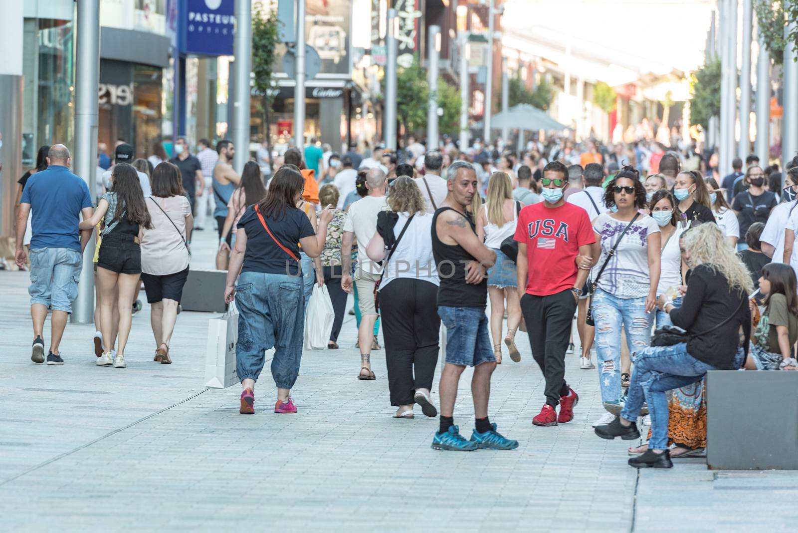 Andorra La Vella, Andorra : 2020 July 06 : People Walk in the Comercial Street named Meritxell after COVID19. Andorra la Vella, Andorra