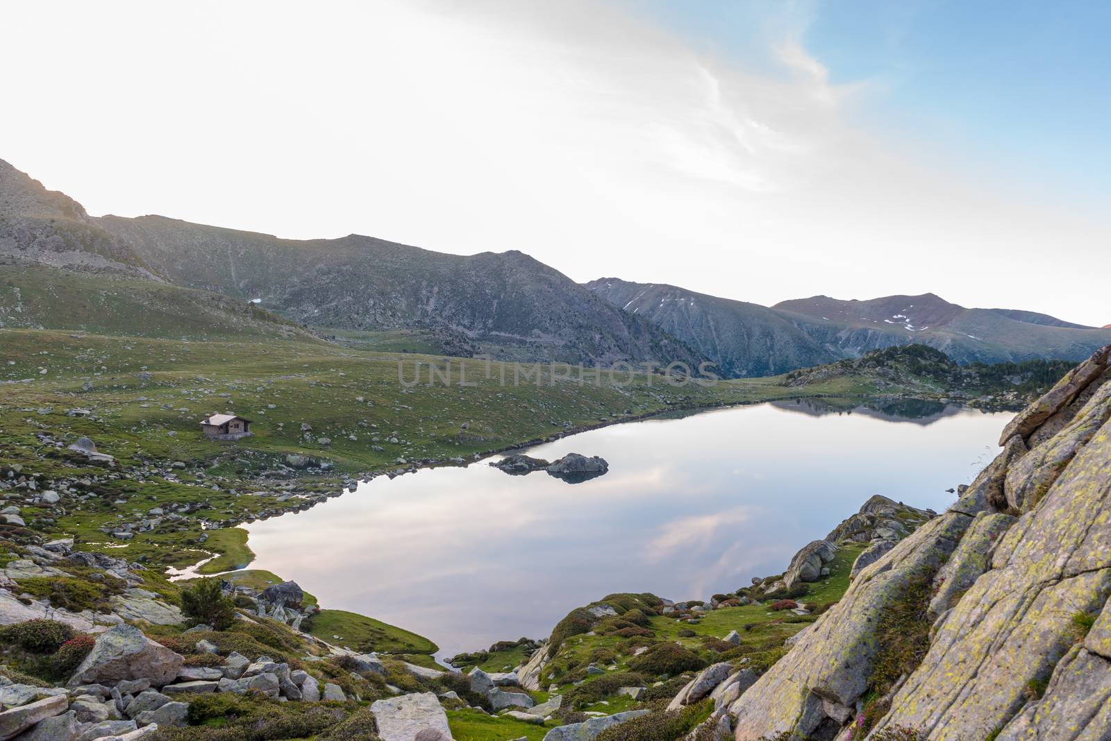 Landscape in Montmalus Lake in summer on Andorra.