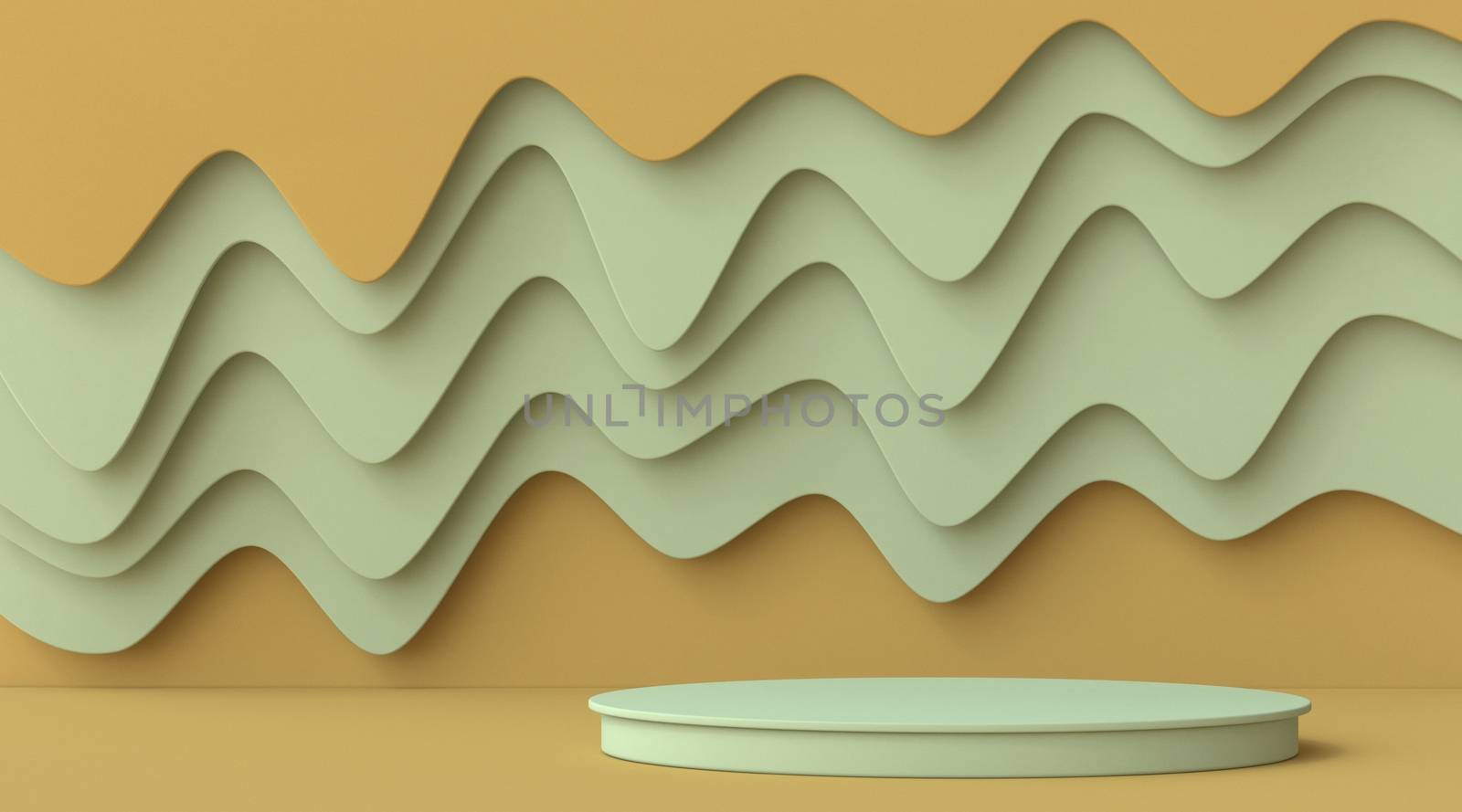 Mock up podium for product presentation on green and brown wavy background 3D render illustration