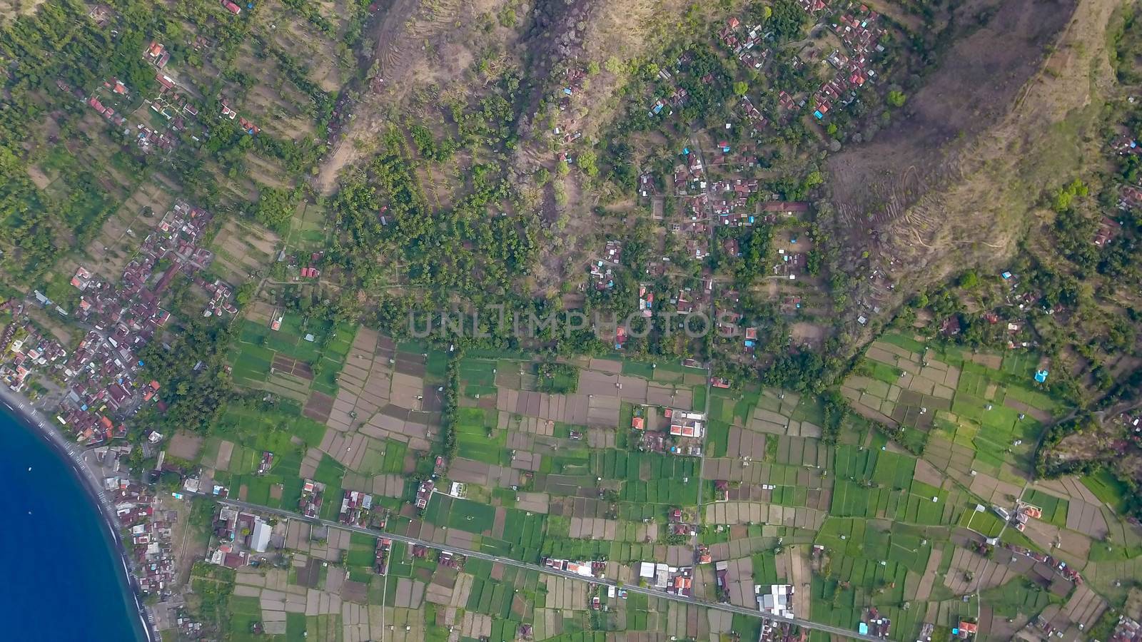 Aerial top down view of a village captured by drone.