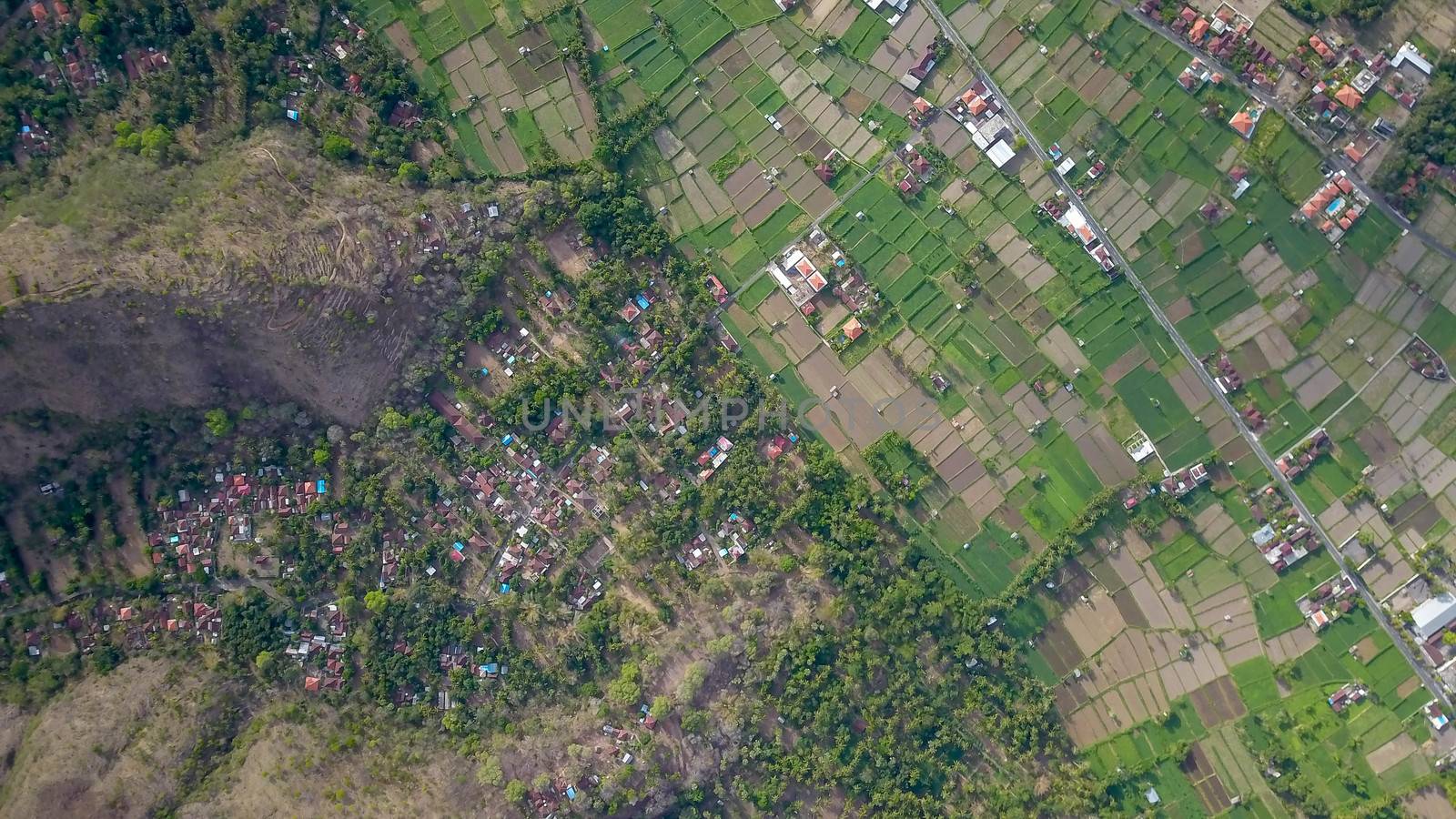Aerial top down view of a village captured by drone.