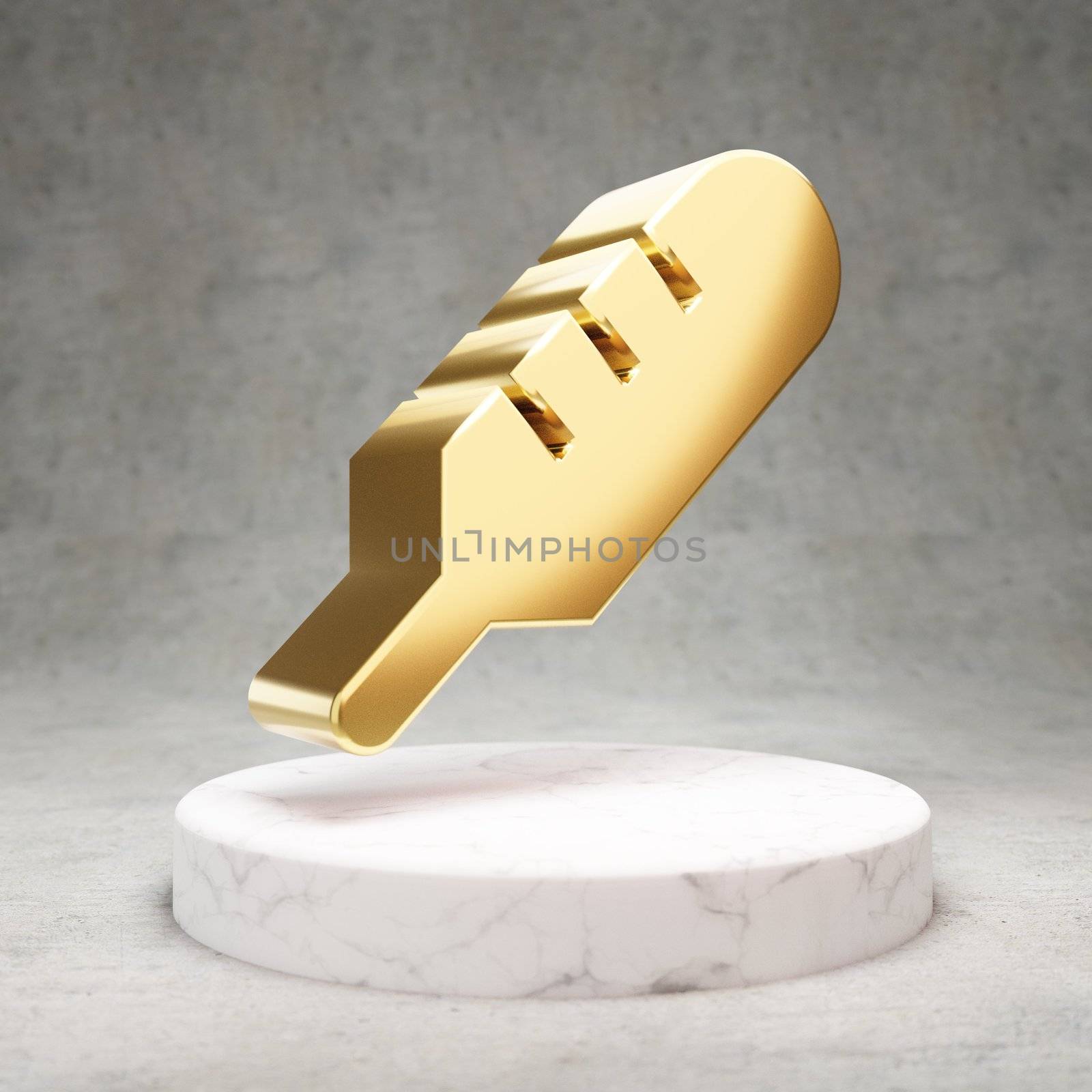 Thermometer icon. Gold glossy Thermometer symbol on white marble podium. Modern icon for website, social media, presentation, design template element. 3D render.