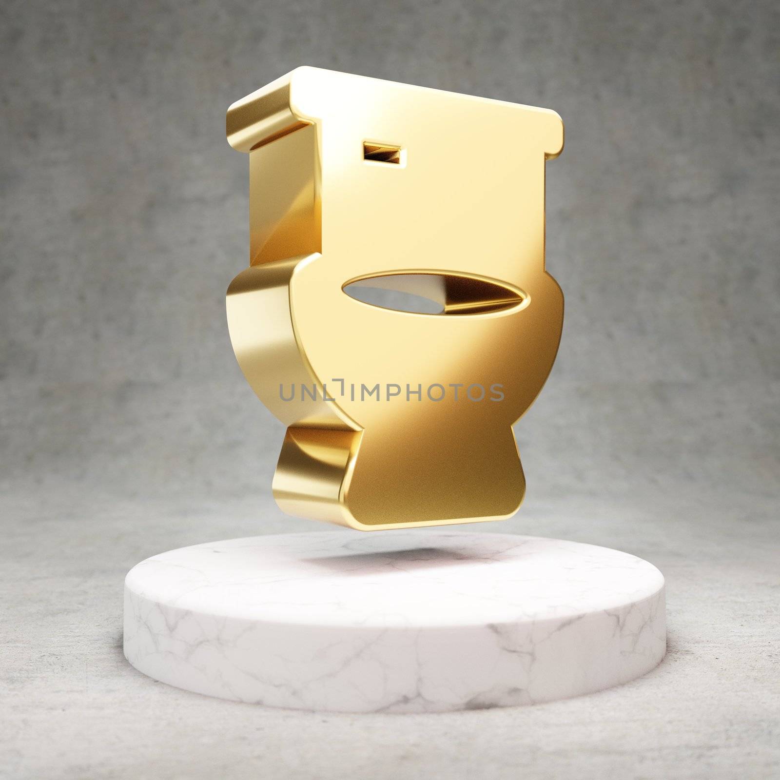 Toilet icon. Gold glossy Toilet symbol on white marble podium. Modern icon for website, social media, presentation, design template element. 3D render.