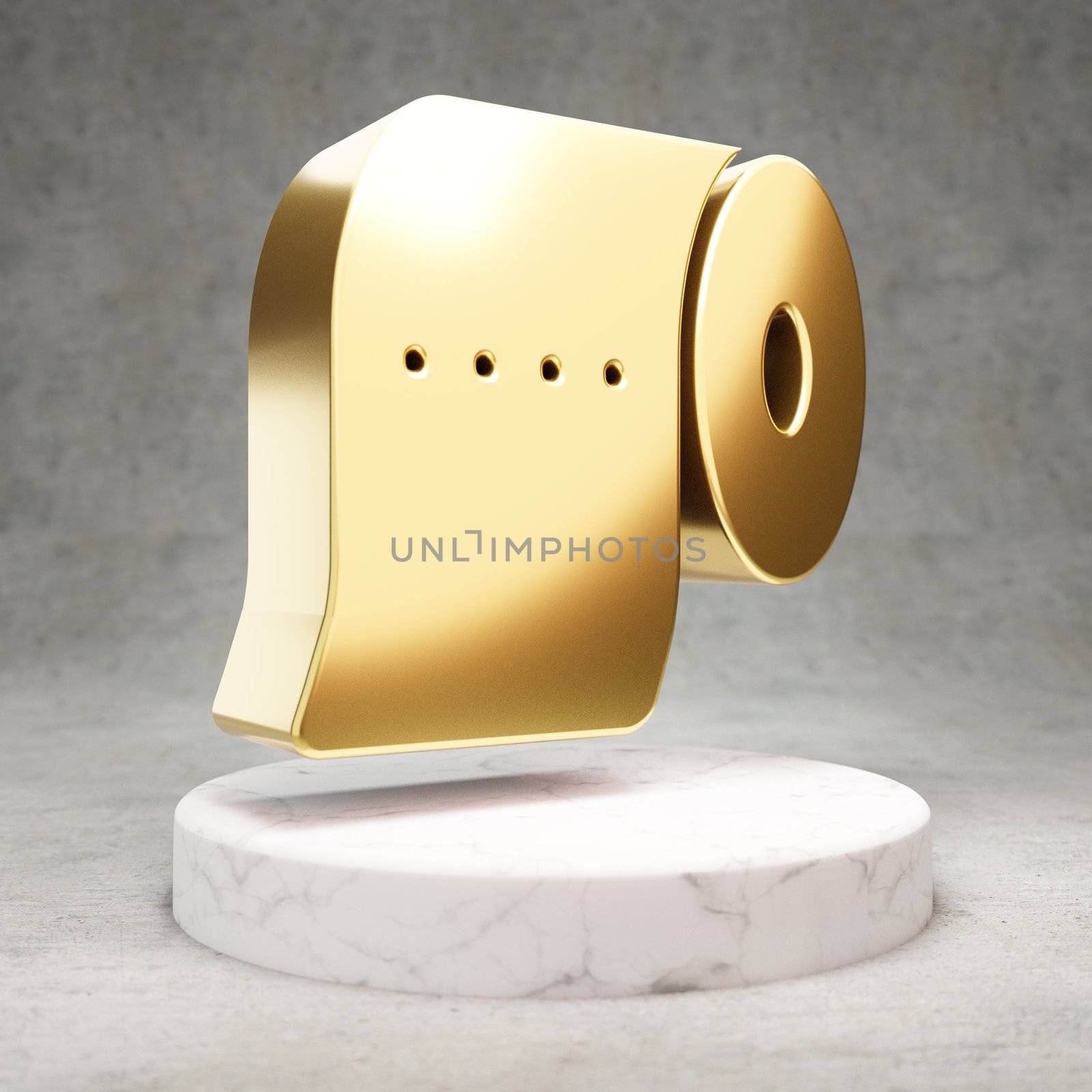 Toilet Paper icon. Gold glossy Toilet Paper symbol on white marble podium. Modern icon for website, social media, presentation, design template element. 3D render.