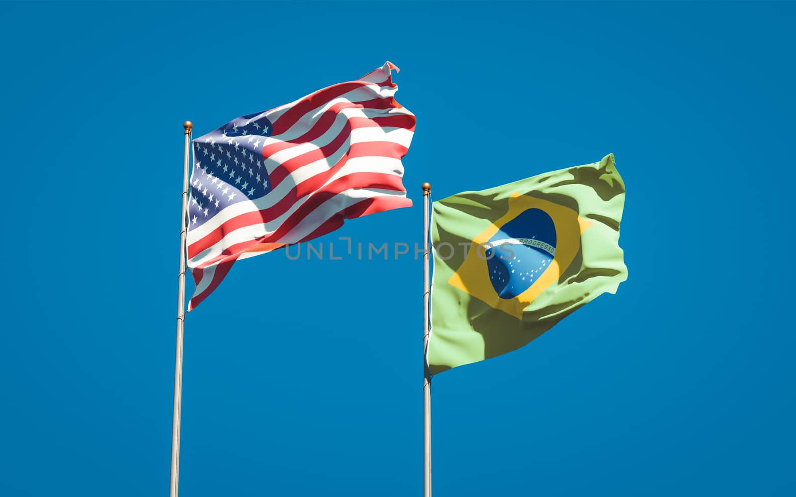 Beautiful national state flags of Brasil and USA together at the sky background. 3D artwork concept. 