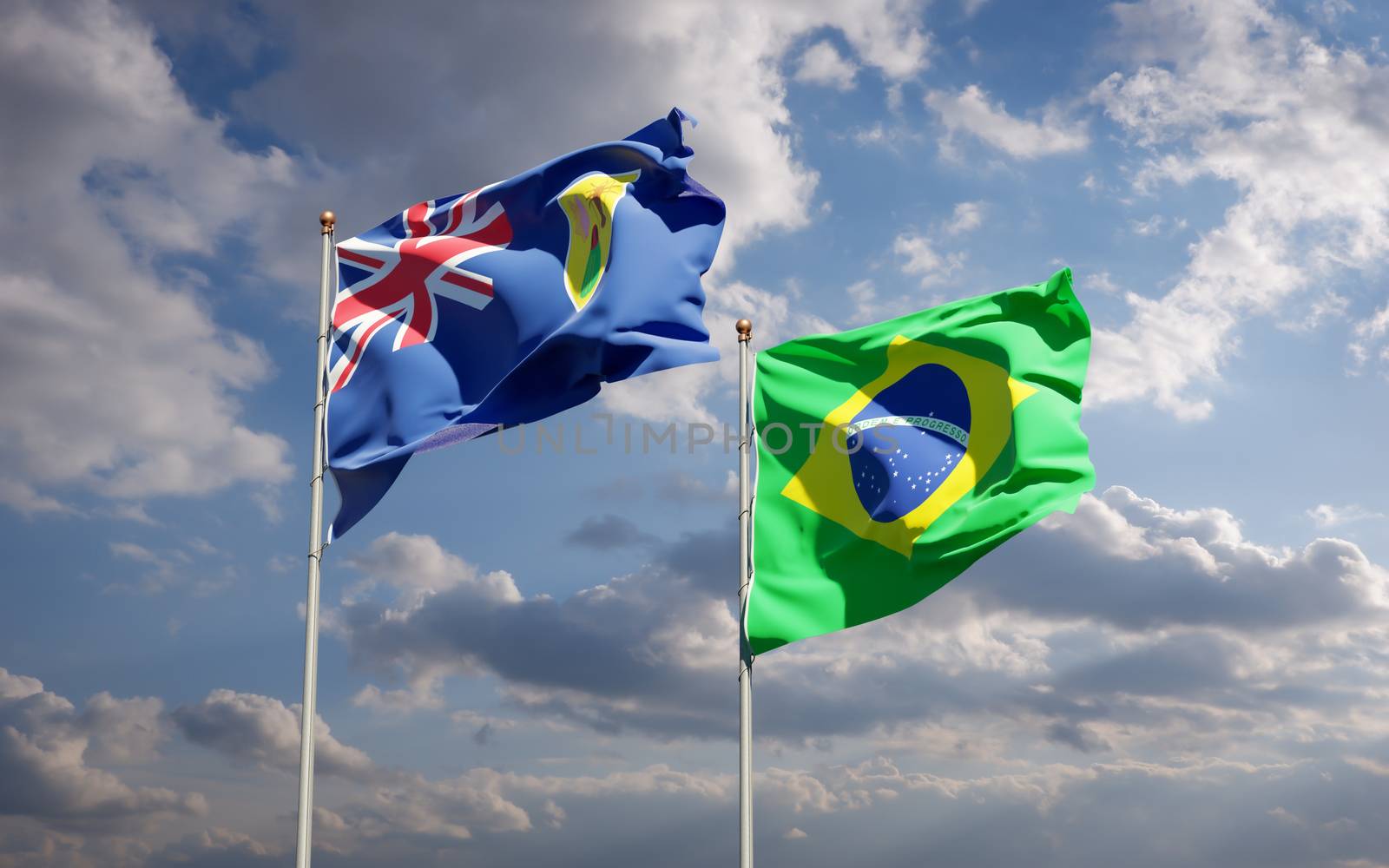 Beautiful national state flags of Turks and Caicos Islands and Brasil together at the sky background. 3D artwork concept. 