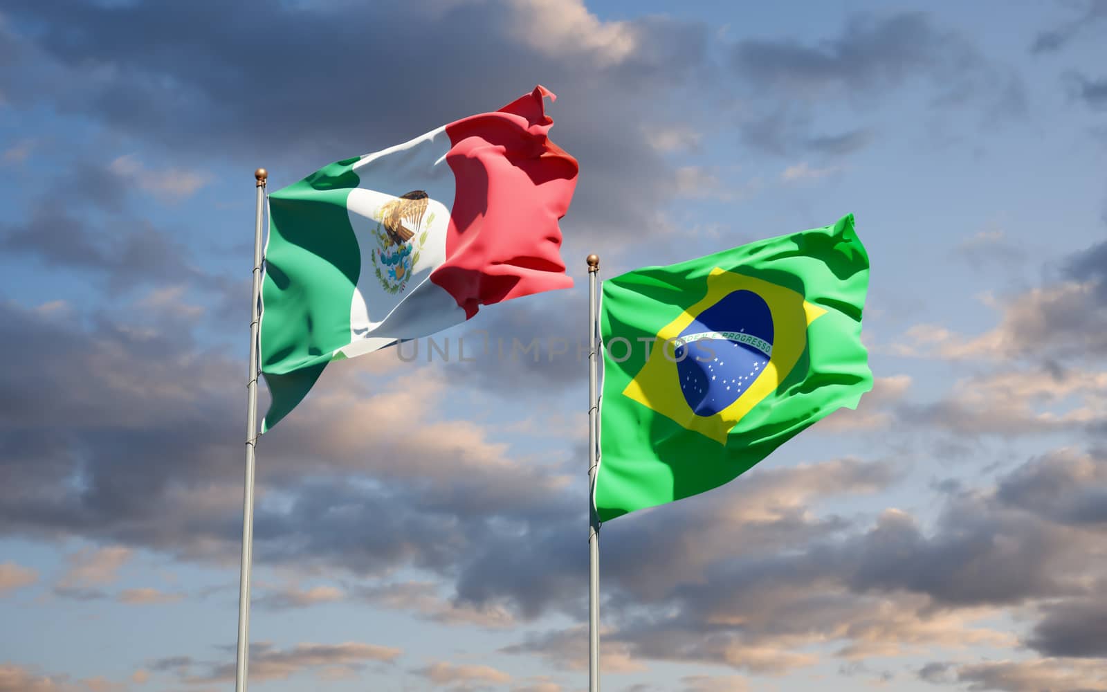 Beautiful national state flags of Mexico and Brasil together at the sky background. 3D artwork concept. 