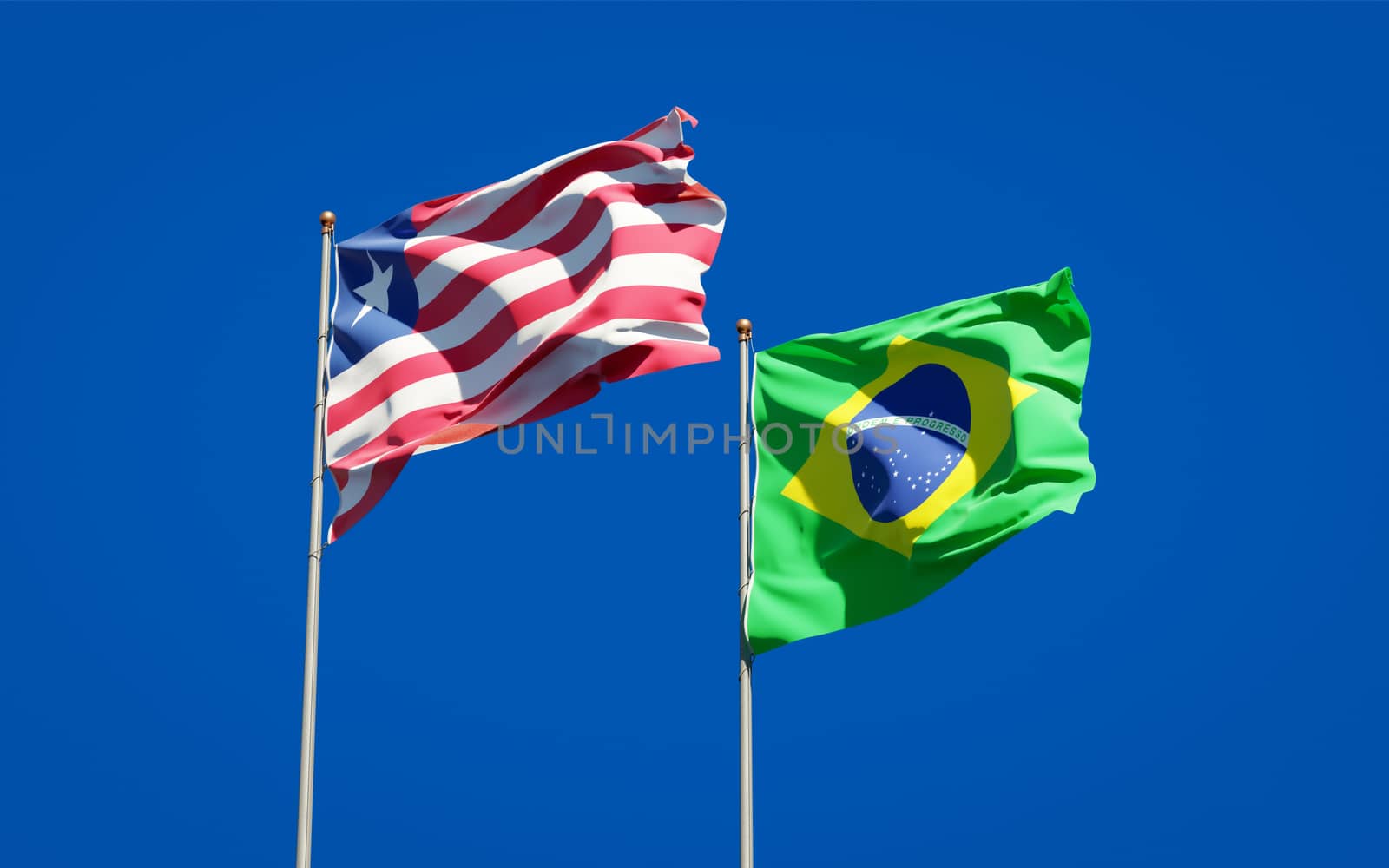Beautiful national state flags of Liberia and Brasil together at the sky background. 3D artwork concept. 