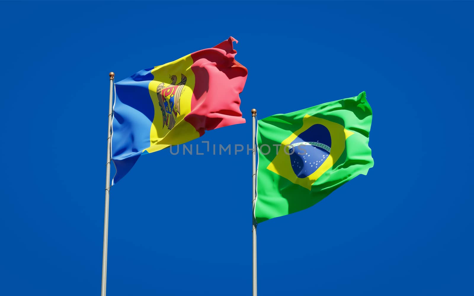 Beautiful national state flags of Moldova and Brasil together at the sky background. 3D artwork concept. 