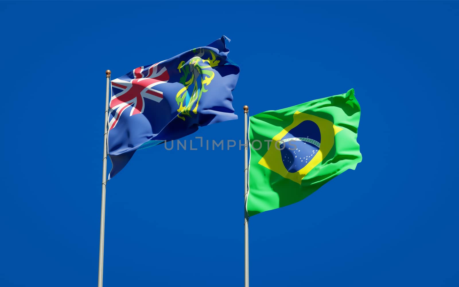 Beautiful national state flags of Pitcairn Islands and Brasil together at the sky background. 3D artwork concept. 