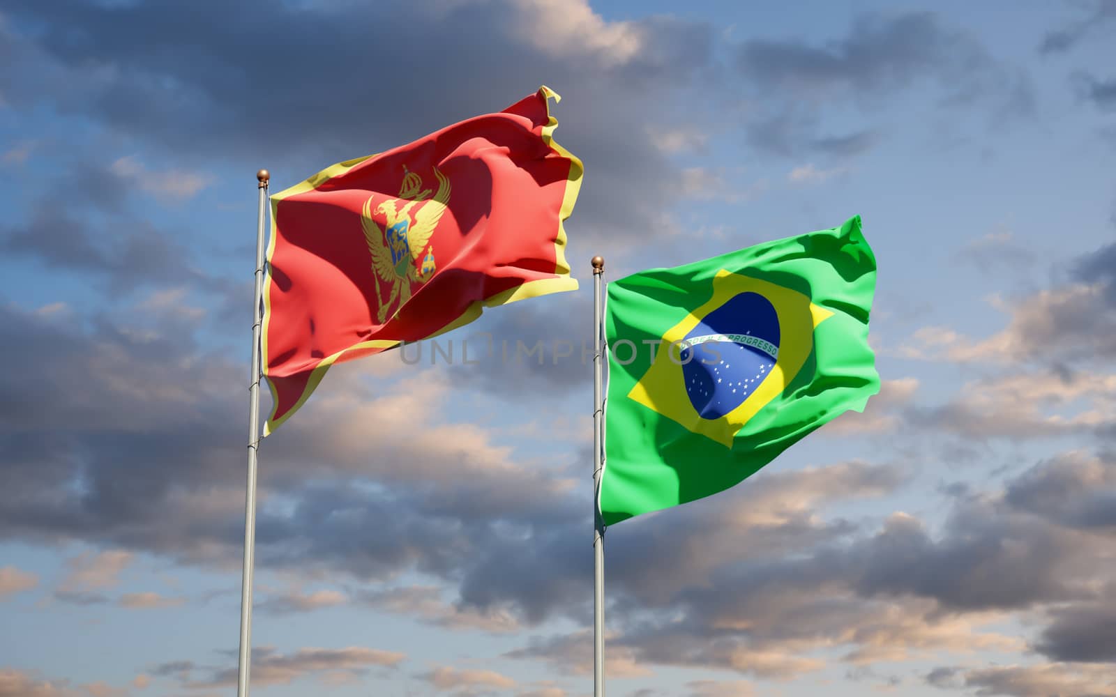 Beautiful national state flags of Montenegro and Brasil together at the sky background. 3D artwork concept. 