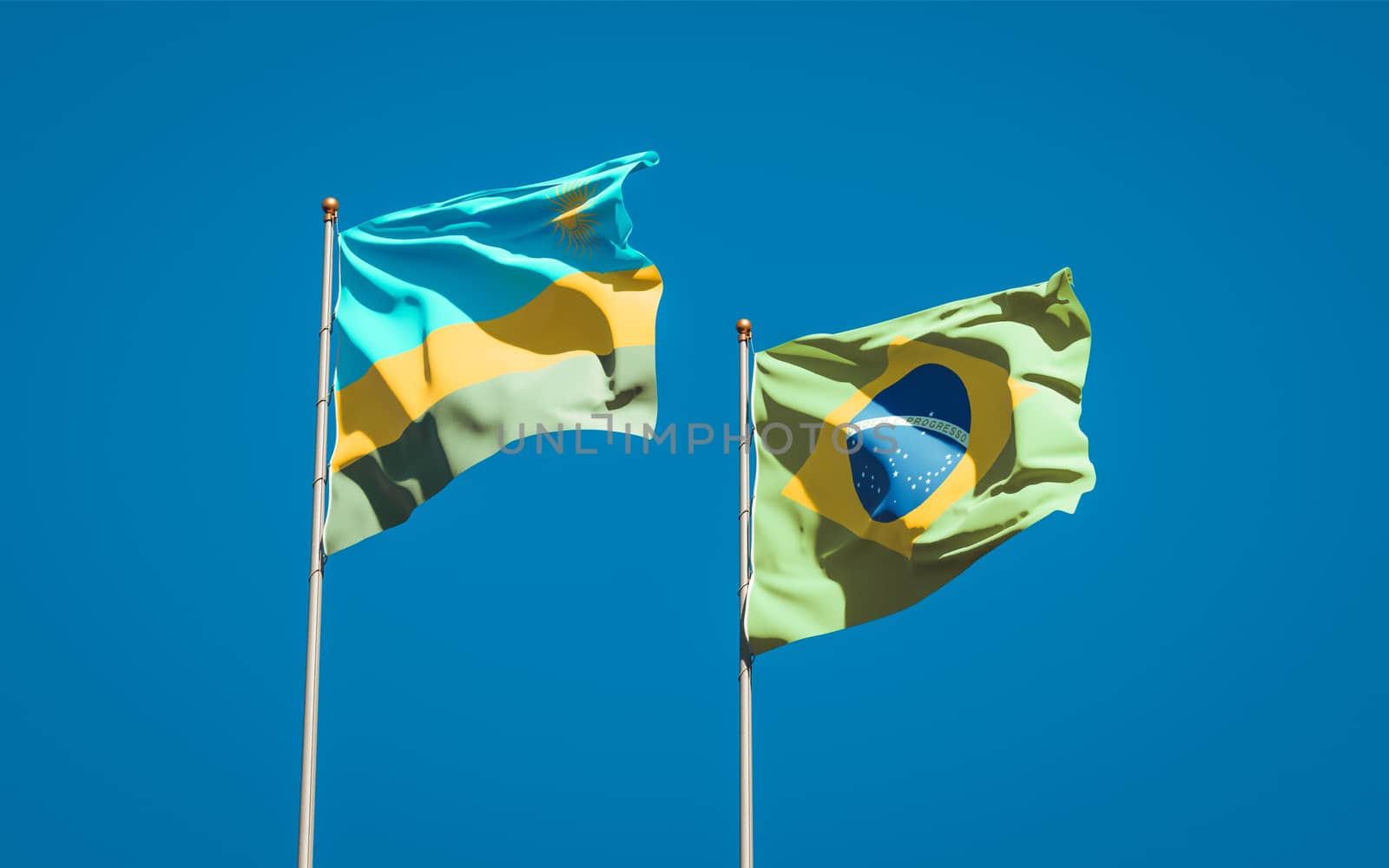 Beautiful national state flags of Rwanda and Brasil together at the sky background. 3D artwork concept. 