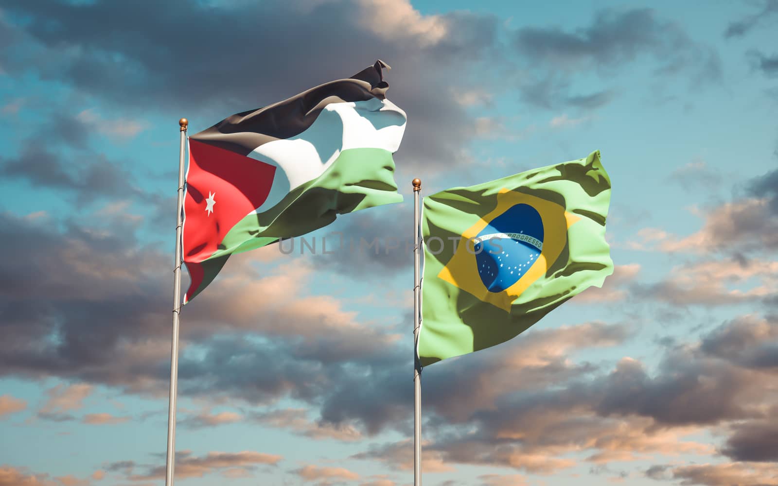 Beautiful national state flags of Jordan and Brasil together at the sky background. 3D artwork concept. 