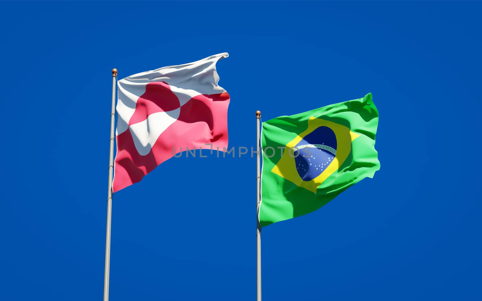 Beautiful national state flags of Greenland and Brasil together at the sky background. 3D artwork concept. 