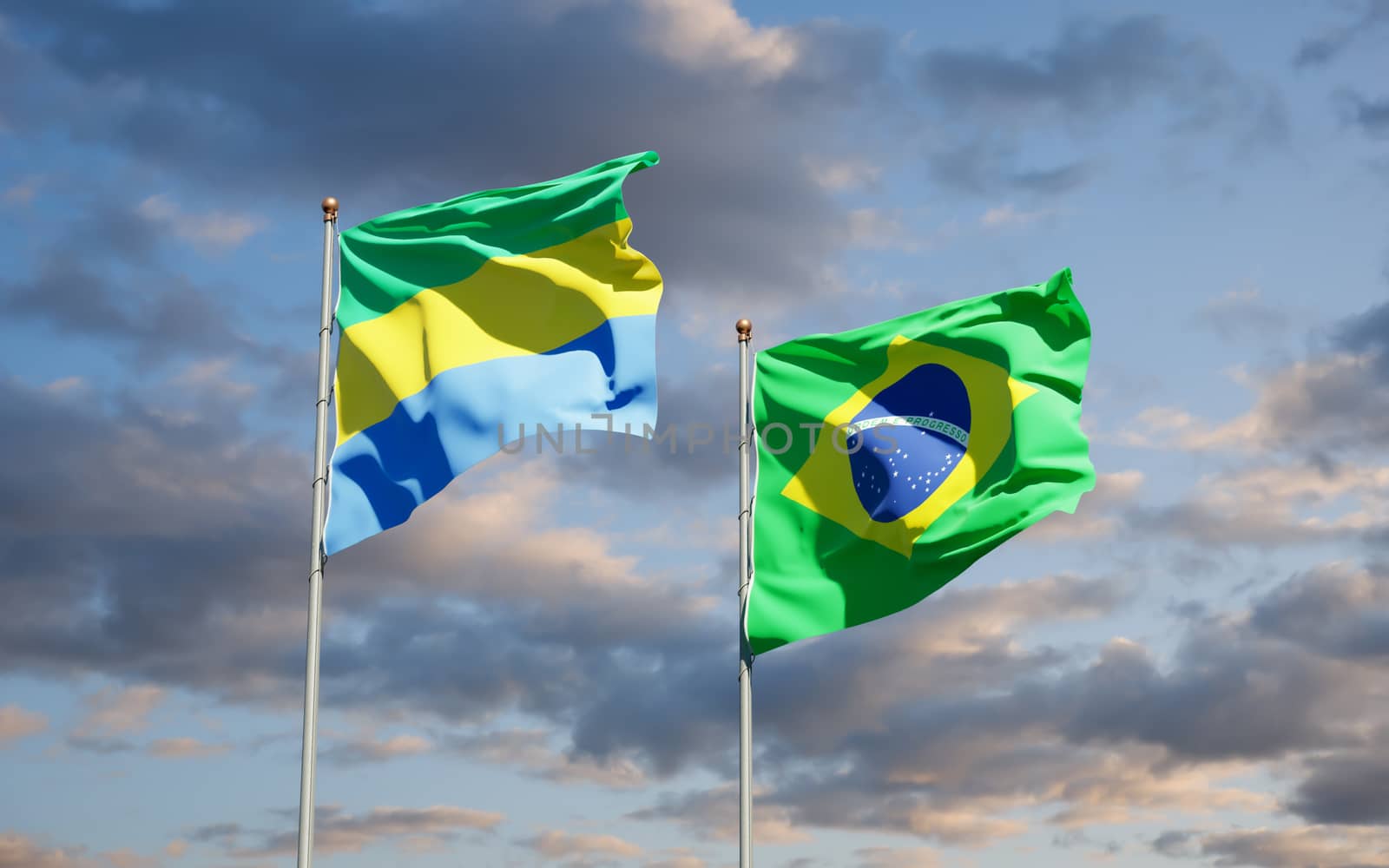 Beautiful national state flags of Gabon and Brasil together at the sky background. 3D artwork concept. 