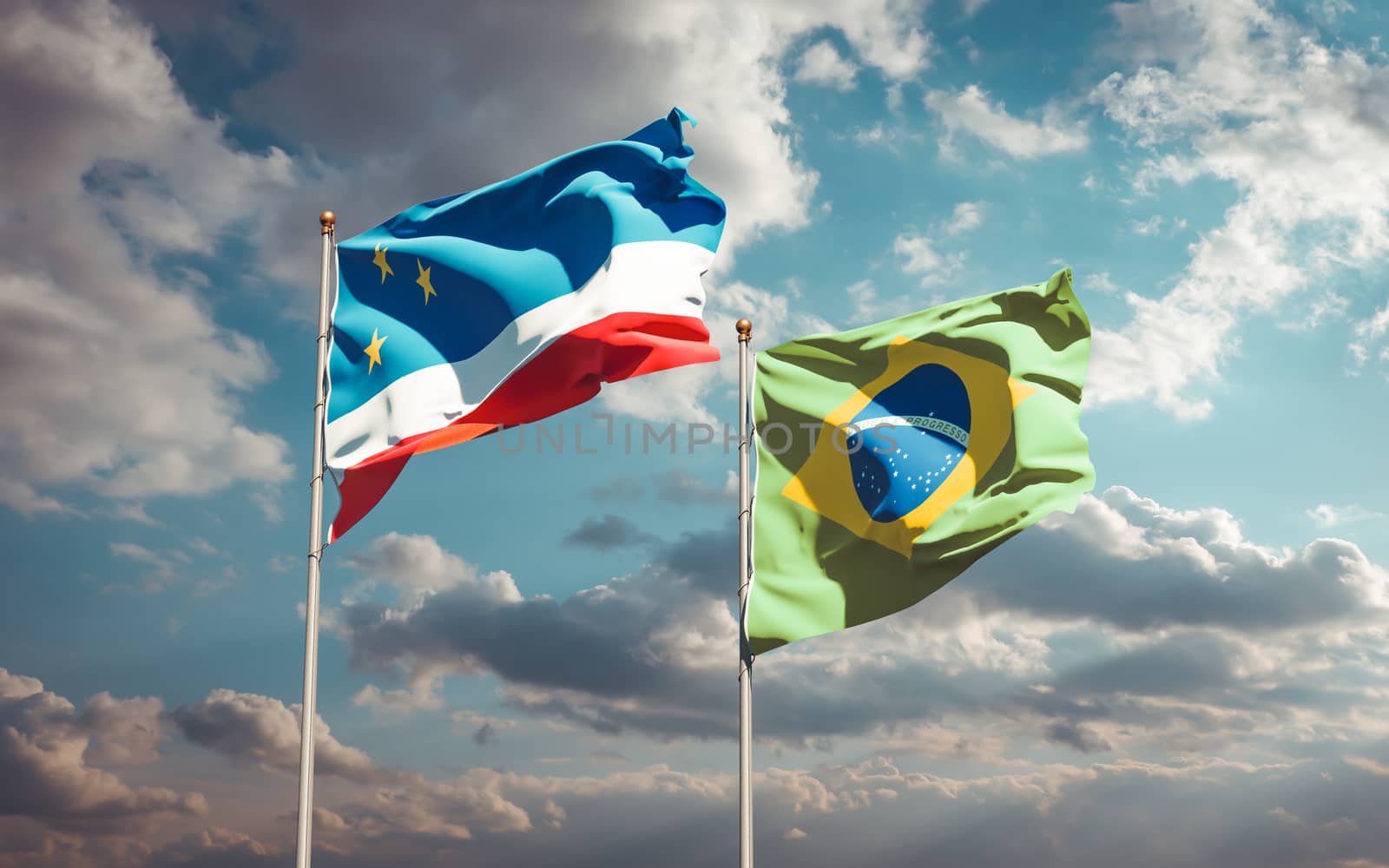 Beautiful national state flags of Gagauzia and Brasil together at the sky background. 3D artwork concept. 