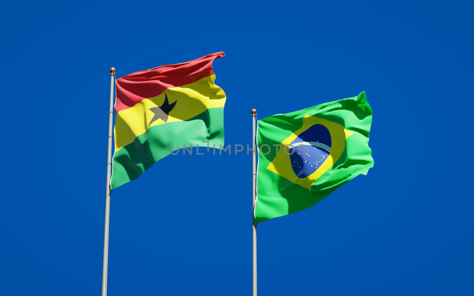 Beautiful national state flags of Ghana and Brasil together at the sky background. 3D artwork concept. 