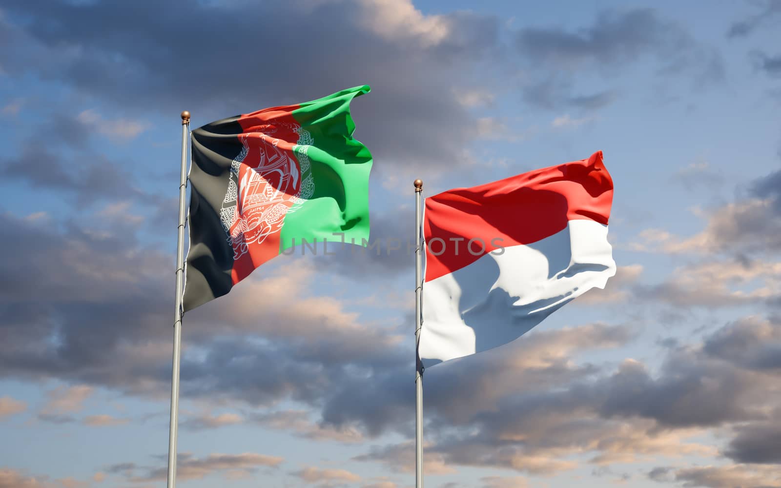 Beautiful national state flags of Indonesia and Afghanistan together at the sky background. 3D artwork concept. 