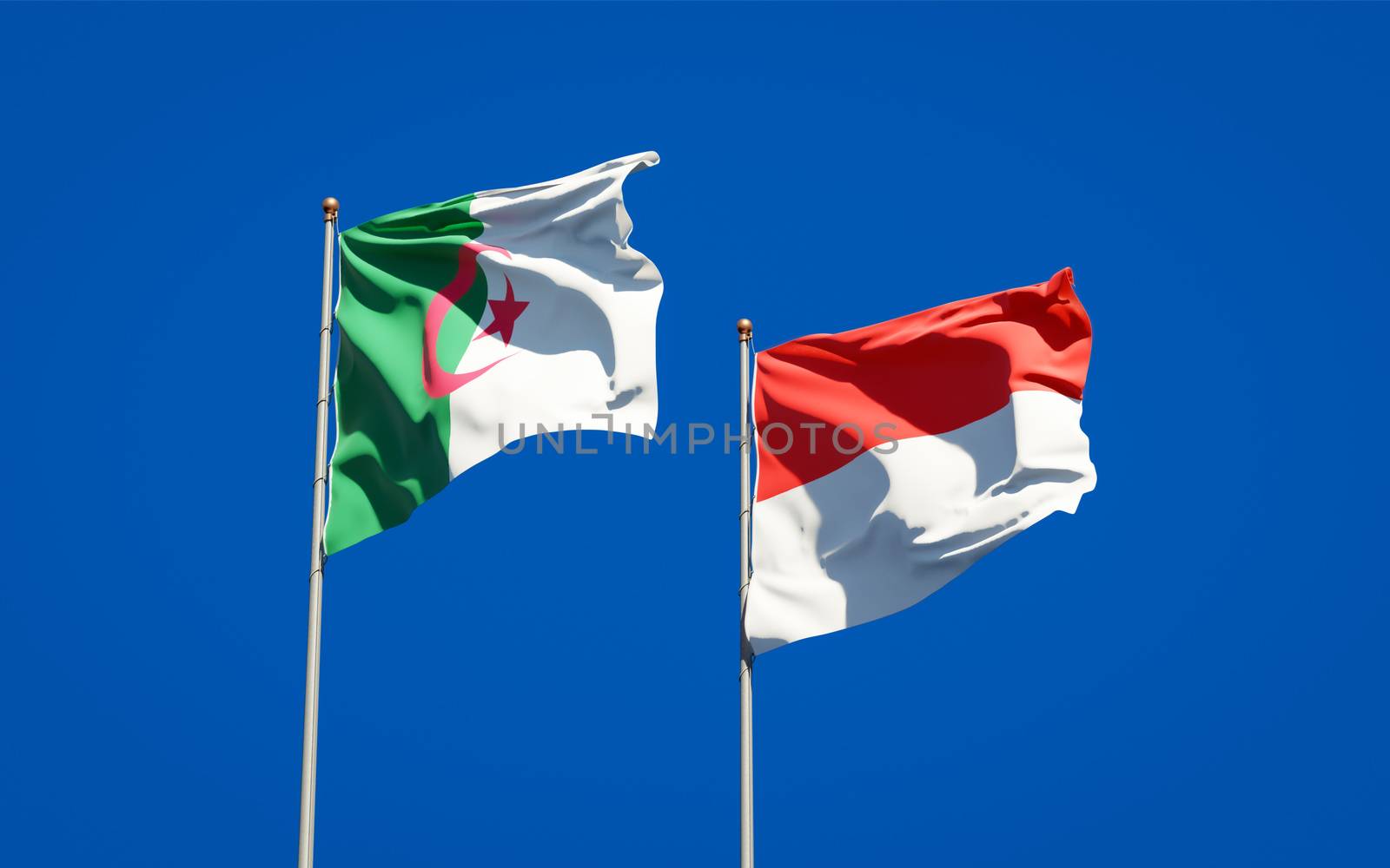 Beautiful national state flags of Indonesia and Algeria together at the sky background. 3D artwork concept. 