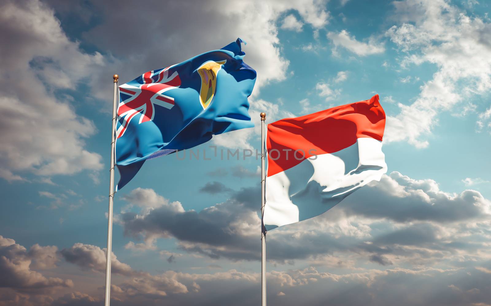 Beautiful national state flags of Turks and Caicos Islands and Indonesia together at the sky background. 3D artwork concept. 