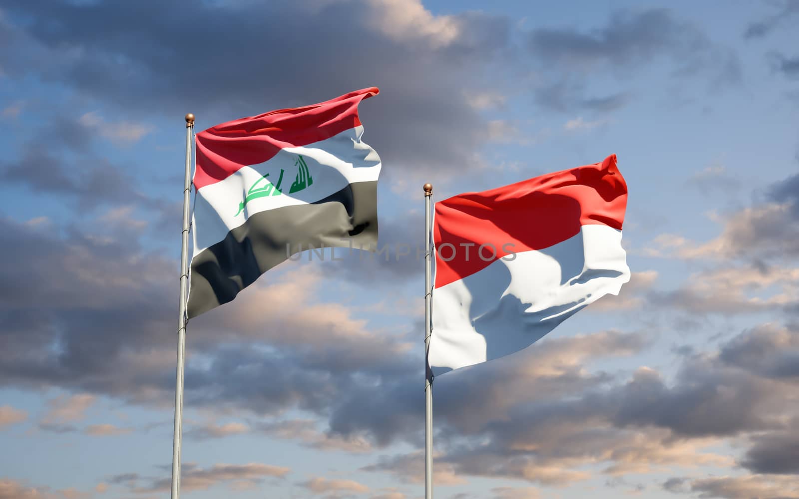 Beautiful national state flags of Iraq and Indonesia together at the sky background. 3D artwork concept. 