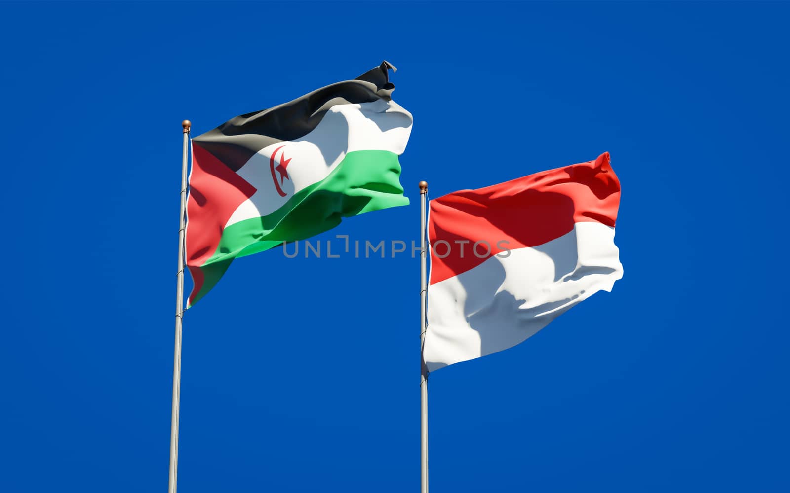 Beautiful national state flags of Sahrawi and Indonesia together at the sky background. 3D artwork concept. 