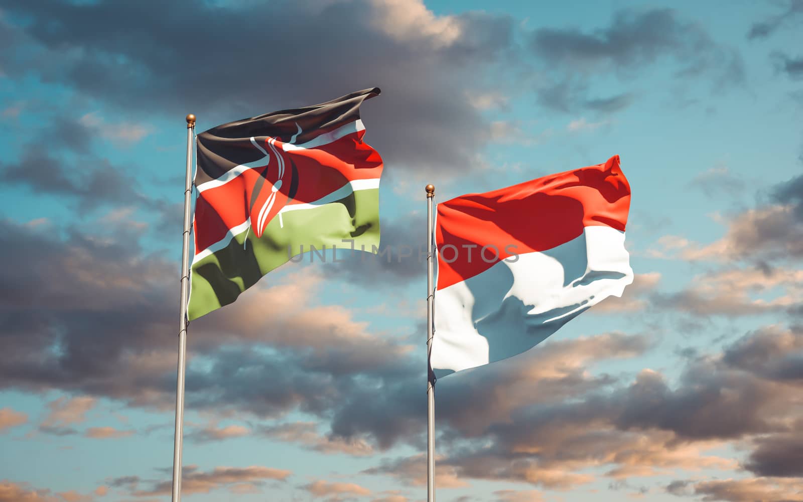 Beautiful national state flags of Kenya and Indonesia together at the sky background. 3D artwork concept. 