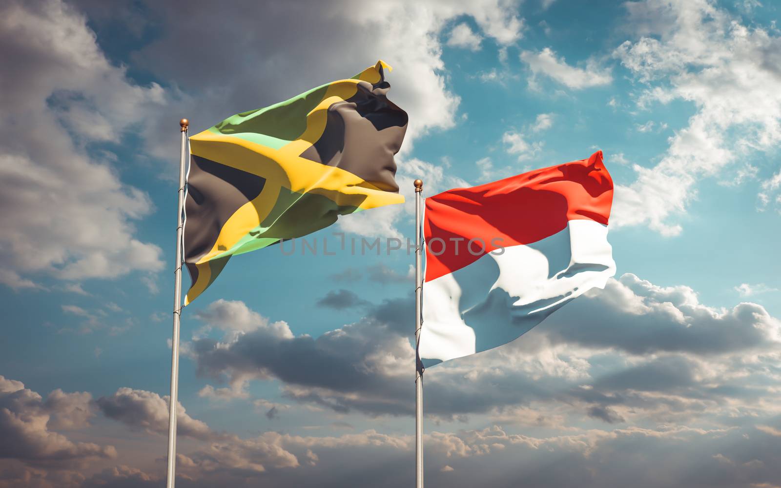 Beautiful national state flags of Jamaica and Indonesia together at the sky background. 3D artwork concept. 