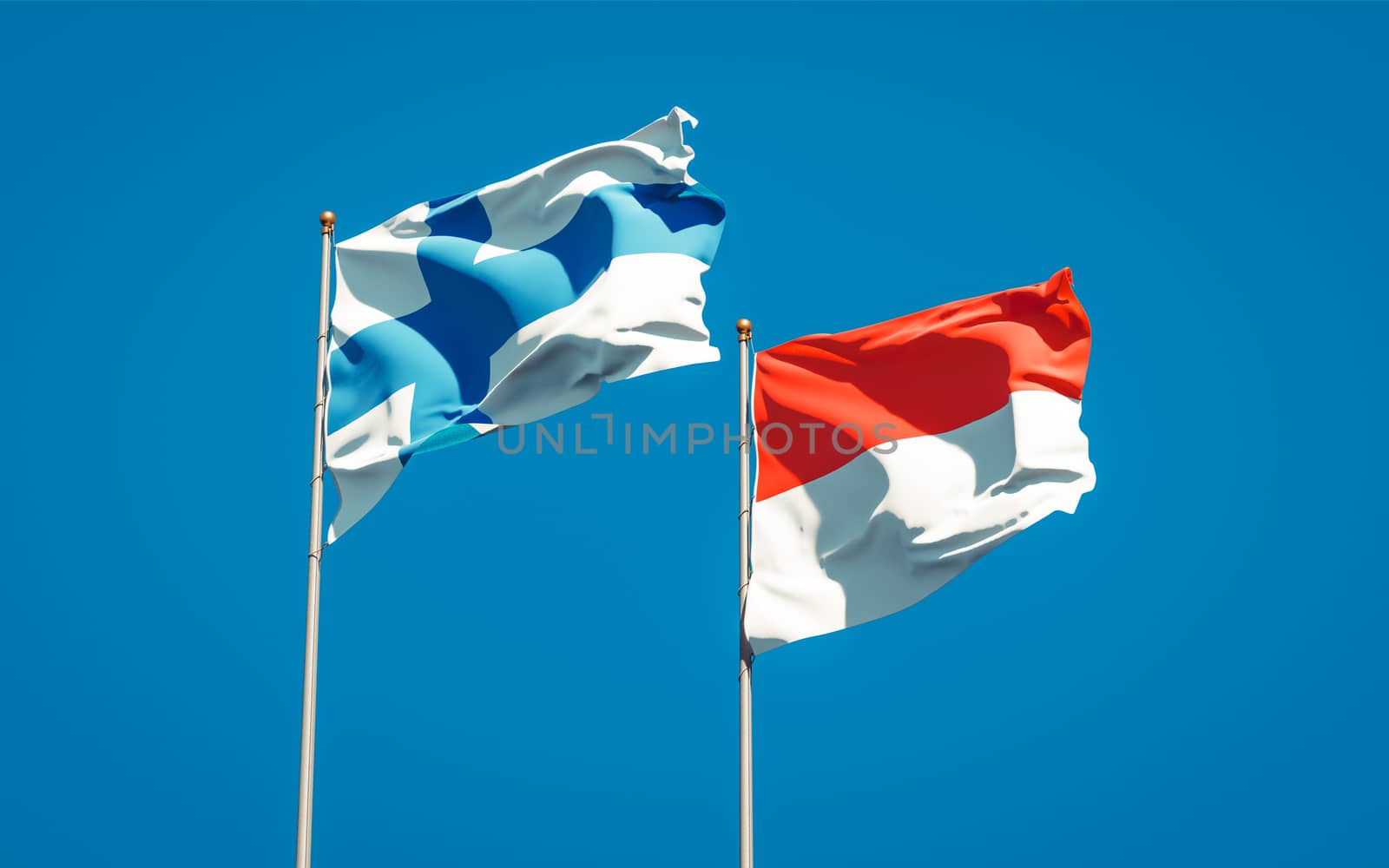 Beautiful national state flags of Finland and Indonesia together at the sky background. 3D artwork concept. 